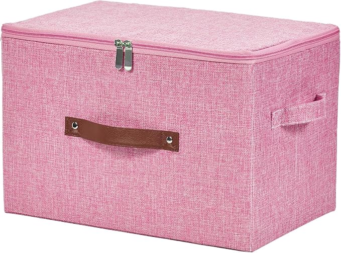 Storage Bins with Zipper Lid Cotton Linen Fabric Lidded Storage Baskets Boxes Foldable Washable Closet Shelf Clothes Organizer Container with PU Leather Handles (Pink, Large)