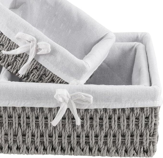 SHEUTSAN 3 PCS 3 Sizes Gray Woven Storage Basket with Removable Liner, Decorative Paper Rope Woven Storage Bin for Organizing and Storing