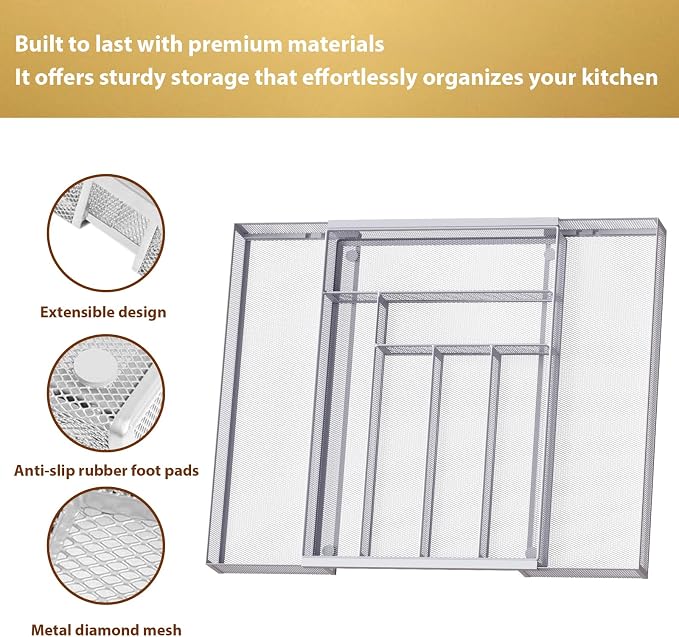 Sedegn Silverware Organizer Metal Mesh, Large Drawer Organizer, Utensil Cutlery Tray for kitchen drawers, Expandable Flatware Organizer with 8 Compartment Silver 11.6"~20" x 17.3"