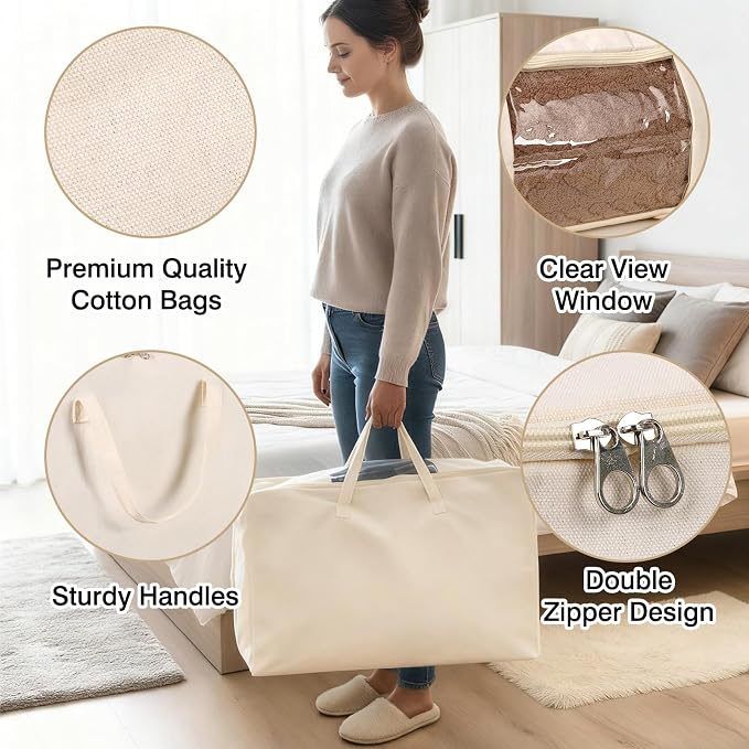 YGEOMER Blanket Storage Bags, Canvas Foldable Closet Organizers Containers with Reinforced Handle for Dorm Bedroom Closet Clothing Comforters Pillows Toys, 2 Pack
