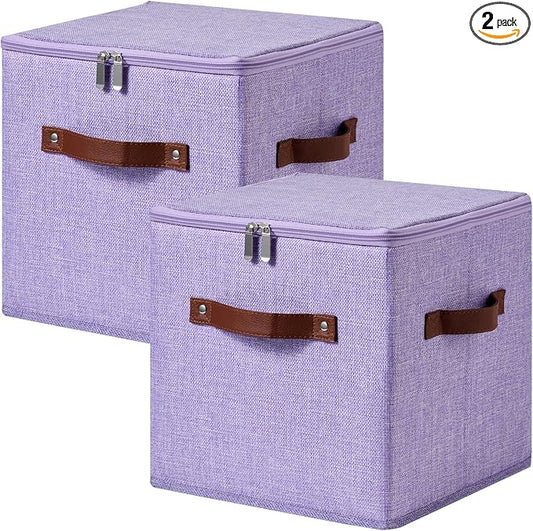 2PCS Storage Cubes with Lid Fabric Storage Bins Boxes PU Leather Handles Cotton Linen Closet Organizer Container Decorative Foldable Washable Shelf Cloth Basket (Zipper Lid, Purple, 11in)