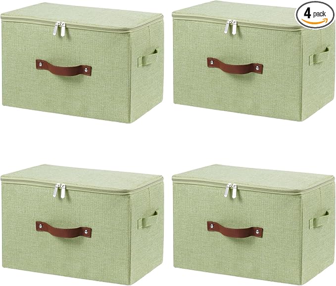 4 Pack Storage Bins with Zipper Lid Cotton Linen Fabric Lidded Storage Baskets Boxes Foldable Washable Closet Shelf Clothes Organizer Container with PU Leather Handles (Green, Large)