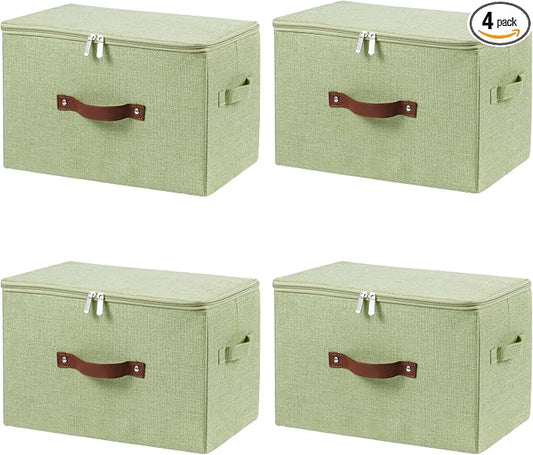 4 Pack Storage Bins with Zipper Lid Cotton Linen Fabric Lidded Storage Baskets Boxes Foldable Washable Closet Shelf Clothes Organizer Container with PU Leather Handles (Green, Large)