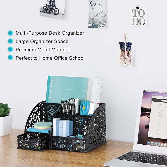 EasyPAG Desk Organizer and Pen Holder for Desk, Mesh Office Supplies Storage Caddy with Drawer for Small Space, Desktop Organizer for Home Office, Black