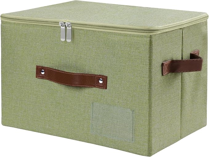 ANMINY Storage Bins with Zipper Lid Storage Boxes with Label Holder PU Leather Handles Washable Foldable Decorative Lidded Cotton Linen Fabric Cubes Baskets Closet Organizer - Green, Medium