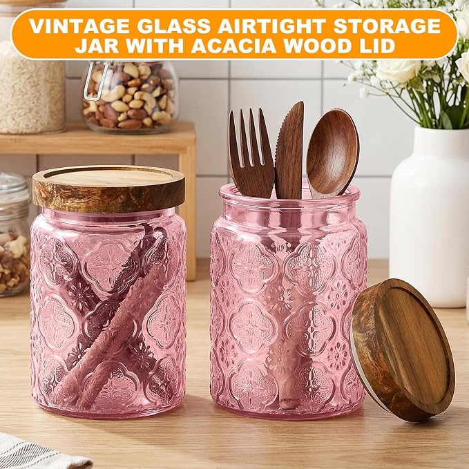 LemonRoad 2 Pcs Vintage Pink Glass Storage Jars 23.7 oz Mason Jar Canister with Wood Lids Food Storage Container for Cookie, Pantry, Candy Kitchen, Coffee, Tea, Flour, Sugar, Decorative Home Decor