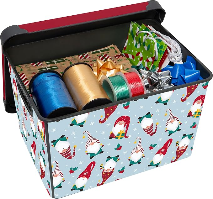 Simplify “Gnome Sweet Gnome" Design Storage Bin | Christmas Tote | Holiday Décor Decorations Organizer | Lidded | Stackable | White