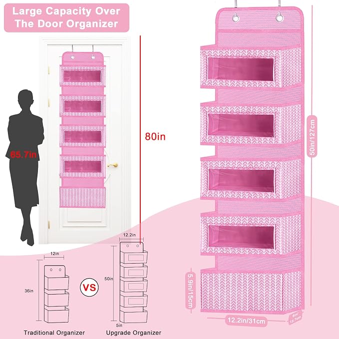 Over The Door Hanging Organizer with 5 Large Pockets - Wall Mount Pantry Storage with 2 Big Metal Hooks for Baby Girl’s Diapers Closet, Bathroom, Nursery, Bedroom, Dorm, Baby, Kids Toys (Pink)