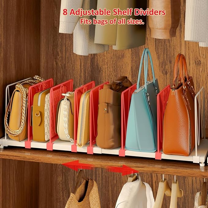 Dmevkic Extendable Purse Organizers Purse Storage. Length 15-27inch. Bag Organizer Purse Holder for Closet with 8 Adjustable Shelf Dividers（White）