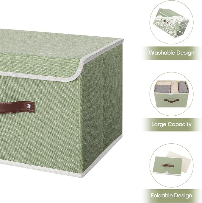 ANMINY 2PCS Storage Bin with Lid Storage Boxes with PU Leather Handles PP Plastic Board Decorative Foldable Lidded Cotton Linen Fabric Home Cubes Baskets Closet Organizer Container - Green, Medium