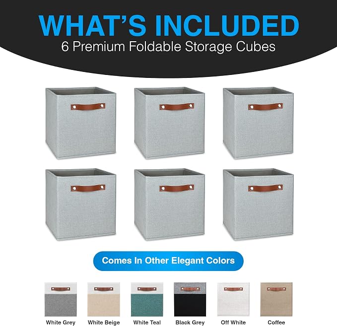 11 Inch Cube Storage Bin - 6 Pack - Linen Fabric 11x11 Cube Storage Bins for Bedroom, Living Room, Clothes and Toys; Foldable, Dual Leather Handles