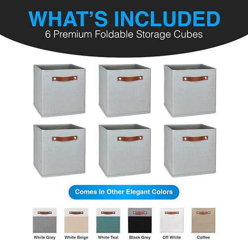 11 Inch Cube Storage Bin - 6 Pack - Linen Fabric 11x11 Cube Storage Bins for Bedroom, Living Room, Clothes and Toys; Foldable, Dual Leather Handles