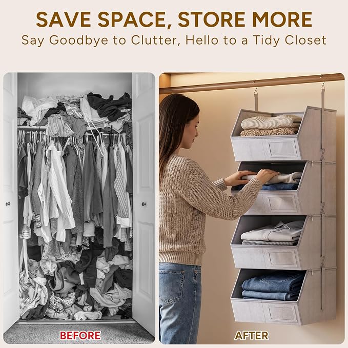 4-Tier Hanging Closet Organizer, Detachable Hanging Storage Shelves with Reinforced Side Panels, Hanging Closet Organizer for Clothes, Sweaters, Towels, Socks & Accessories, Gray