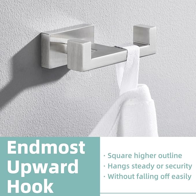 APLusee Square Double Towel Hook, 304 Stainless Steel Dual Coat Holder, Modern Bathroom Kitchen Storage Hanger Wall Mounted, Brushed Nickel