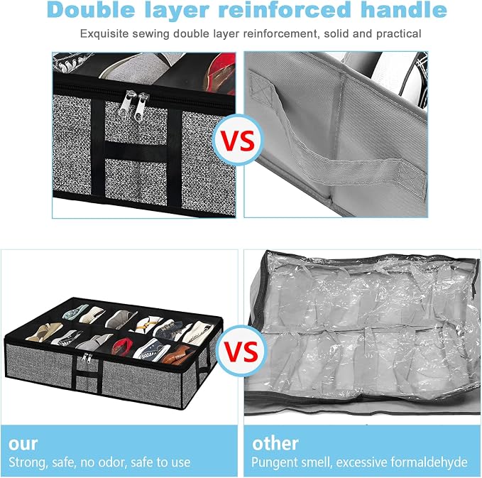Under Bed Shoe Organizer Storage for Closet 2 Pack- Fits 24 Pairs Underbed Shoes Container Boxes with H Shap Sturdy Handles and Clear Window,Foldable Shoe Rack Holder,Black