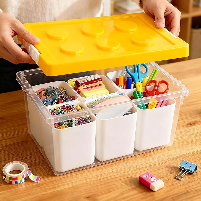 Plastic Storage Bins with Lids, Art Craft Supply Organizer Box with Brush Pot, Multipurpose Stackable Storage Containers for Organizing Tool, Craft, Crayon,Sewing(Yellow)