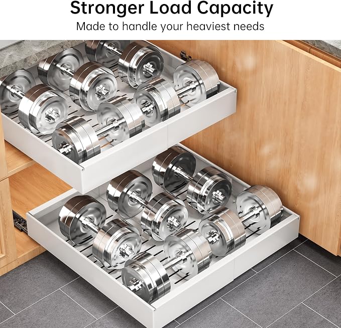 Pull out Cabinet Organizer, 1 pack, 16.5" Deep Heavy Slide out Drawers, Upgrade Three Triple-Slide Rail Systems, Expandable 12.8"-20.8" Roll out Shelf Storage for Kitchen Base Cabinet Organization