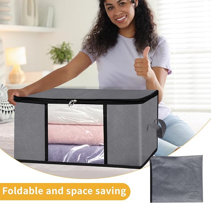 3 Pack Storage Bags, 45L Foldable Clothes Storage Bins with Lids, Closet Organizers Blanket Storage Bags with Zippers Clear Window Sturdy Handles for Clothing Bedding Comforter Sweater Pillows (Gray)
