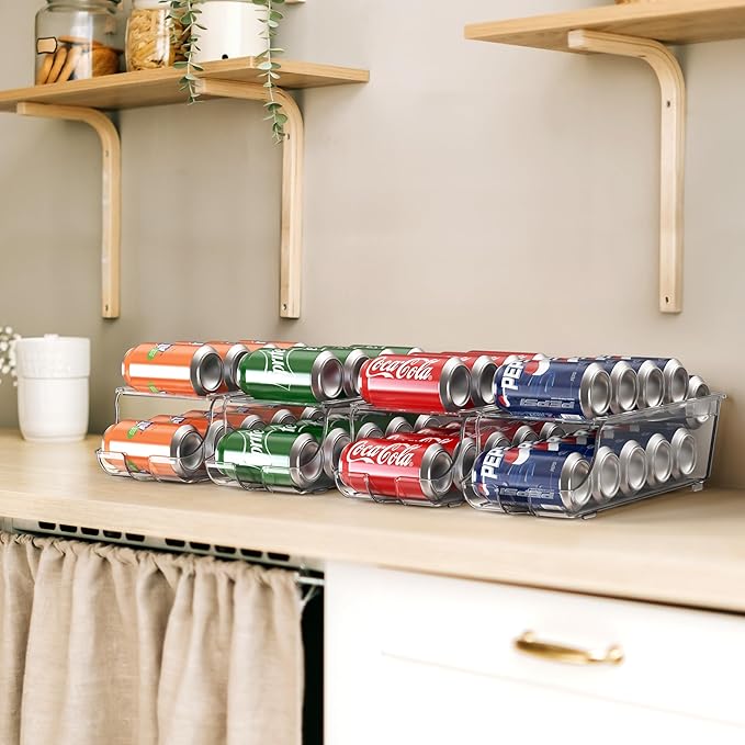 Simple Houseware 4-Pack Auto-Rolling Beverage Can Organizer for Fridge | Clear, Set of 4, Front-Loading Soda Dispenser with Smooth Glide Design, Space-Saving Refrigerator Storage Bins