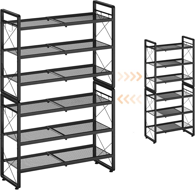ELYKEN Shoe Rack, 6-Tier Expandable Shoe Organizer for Closet, Metal Black Shoe Shelf with 8 Hooks, Adjustable Shoe Stand Holder for Entryway, Garage, Door Entrance