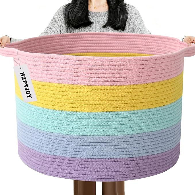 115L Large Blanket Basket,23.6" L x 23.6" W x 15.7" H Rope Woven Baskets with Handles, Toys Storage Bins,Laundry Basket Perfect for Living Room, Nursery,Bedroom,Home Organization,Colorful