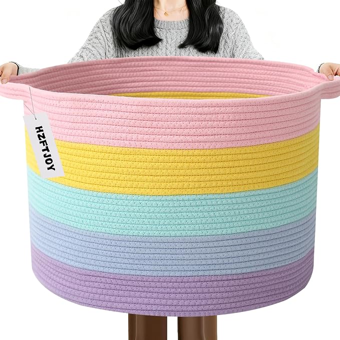 65L Large Blanket Basket,Woven Rope Laundry Basket Hamper with Handles,Decorative Nursery Basket Storage Bin for Toys, Pillows , Clothes Organizer, Living Room, Bedroom, Bathroom, Colorful