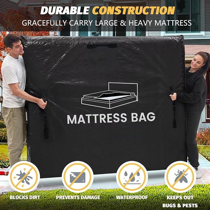 Mattress Bags for Moving and Storage, BETU Waterproof Mattress Protector King Mattress Cover with 8 Heavy Duty Handles and Zipper Extra Thick Moving Supplies for Bed Reusable (82x79x13.5 Black)