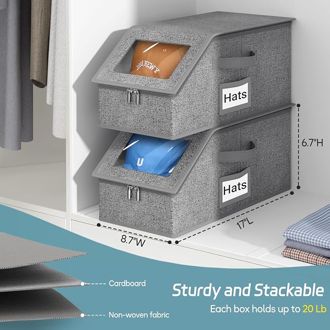 AOODA 2 PCS Stackable Hat Storage for Baseball Caps, Holds up to 24 Caps Cap Organizer for Closet, Sturdy Hat Boxes for Men with Cardboard, Slate Grey