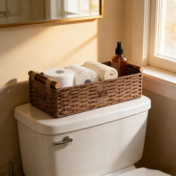 Brown Woven Bathroom Basket with Wood Handles — Toilet Paper Storage Organizer, Back of Toilet Wicker Basket, Dark Brown Boho Bathroom Decor Tray for Tank Top or Shelf