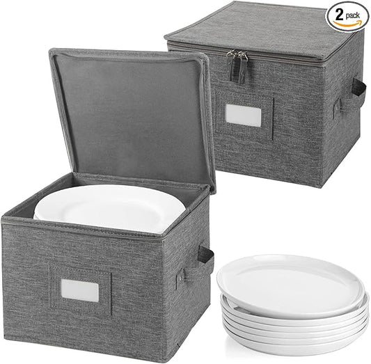 popoly China Storage Containers Hard Shell Inside 10" W x 8" H, Salad Plate Storage Containers for Dishes, Dinnerware with 24 Felt Dividers, Hold 24 Plates, Foldable and Stackable (2 Pack Grey)