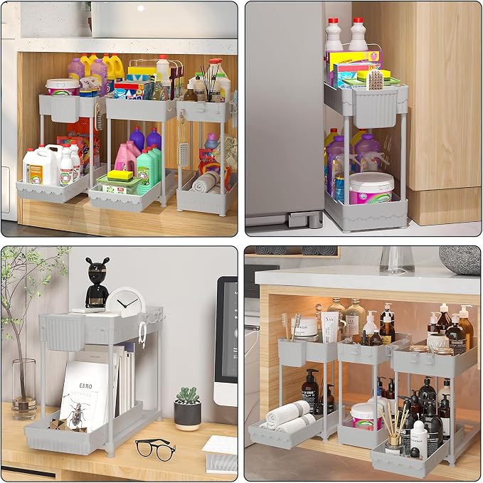Sevenblue 3 Pack Under Sink Organizers, 2-Tier Multi-Use Kitchen and Bathroom Organizers and Storage with Sliding Drawers, Bathroom Cabinet Organizer (Gray, 14.8 Inch) | Multi-use kitchen & bathroom storage, 14.8 inch gray cabinet organizer, space-savi...