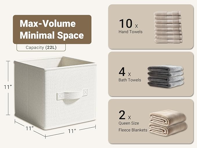 LayerSpace 4 Pack Foldable Fabric Closet Storage Bins, 11Inch Organizer Cubes with Handles, Linen Storage Boxes for Clothes, Toys, Books and Home Organization, White& Ivory