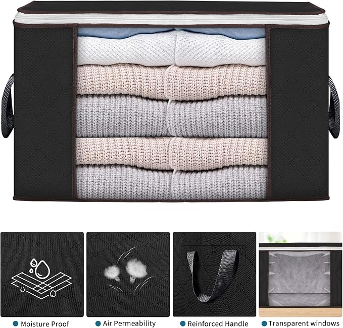 90L Large Storage Bags, 3 Pack Clothes Storage Bins Closet Organizers | Foldable Storage Containers, with Reinforced Handle, for Clothing, Blanket, Comforters, Bed Sheets, Pillows and Toys,Black