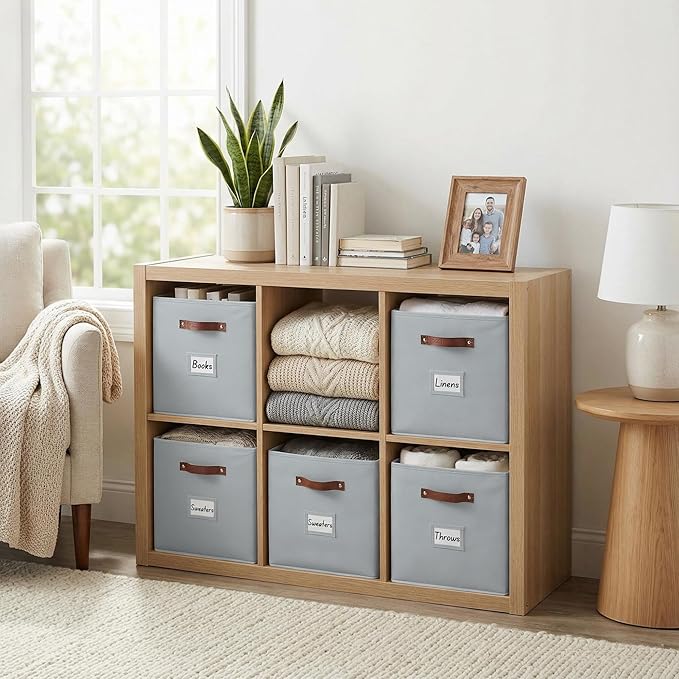 DECOMOMO Storage Bins, Cube Storage Bin with Labels | 13" x 13" x 13" Fabric Storage Cubes for Shelves (6pcs, Grey)