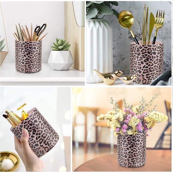 Pen Holder for Women Girls Desk Decor Pencil Cup for Decoration Durable Leather Desk Organizer Makeup Brush Holder, Classic Leopard
