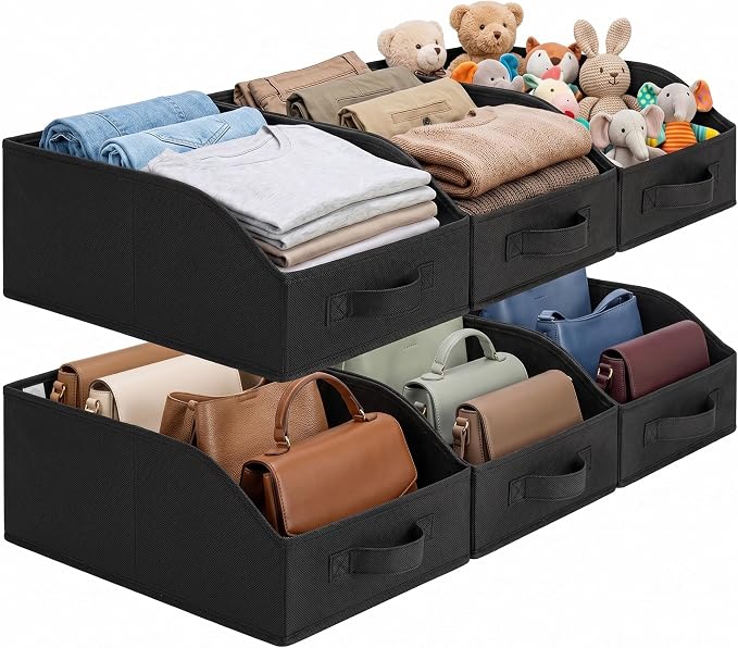 GRANNY SAYS Trapezoid Closet Storage Bins, Storage Baskets for Shelves, Linen Closet Organizers and Storage, Closet Organizer Bins for Clothes, Toys, Towels, Black, 6-Pack