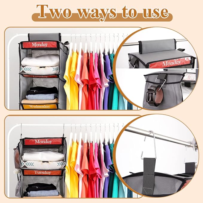 Amylove 2 Pack 6 Shelf Weekly Clothes Organizer for Kids with Side Pocket, 47 Inch Days of the Week Clothes Organizer, Monday to Friday Daily School Outfits Clothing Divider for Kids(Gray)