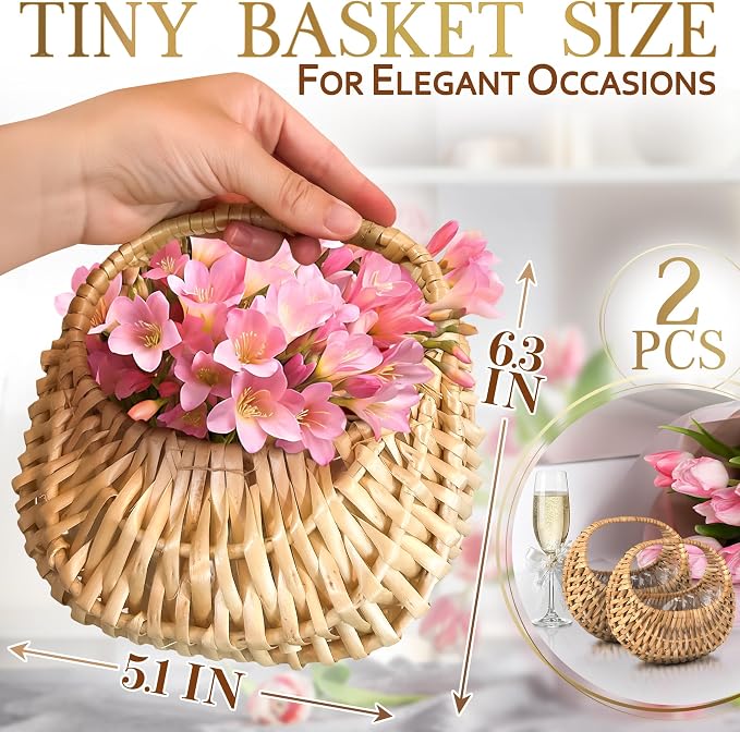 Flower Girl Basket Set of 2, Rattan, 6.3" x 5.12" x 3.75" | Rustic Small Wicker Baskets with Handle & Waterproof Lining; for Wedding, Bridal Shower, Flower Petals, Gifts & Photo Props