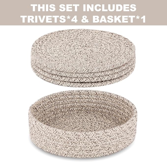 Trivets for Hot Dishes, Pots and Pans, Heat Resistant Hot Pads with Storage Basket, Pot Holders for Kitchen Countertop, Trivet Mats Home Essentials Farmhouse Decor (Brown 4 Pcs)