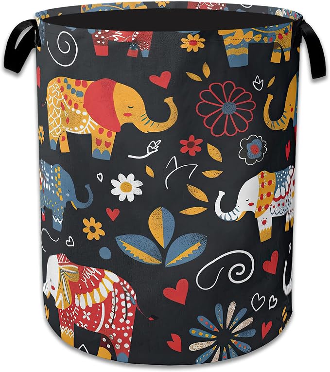 Boho Elephant Laundry Basket Collapsible Laundry Hamper Clothes Storage Bin for Bathroom Bedroom Room Decor 16" X 20.8"
