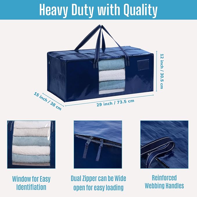 VENO 6 Pack Heavy Duty Moving Bags, Packing Bags with Clear Window, Alternative to Moving Boxes, Storage Bins for Clothes, Blankets, Comforters, College Dorm Essentials (Blue, 6 Pack)