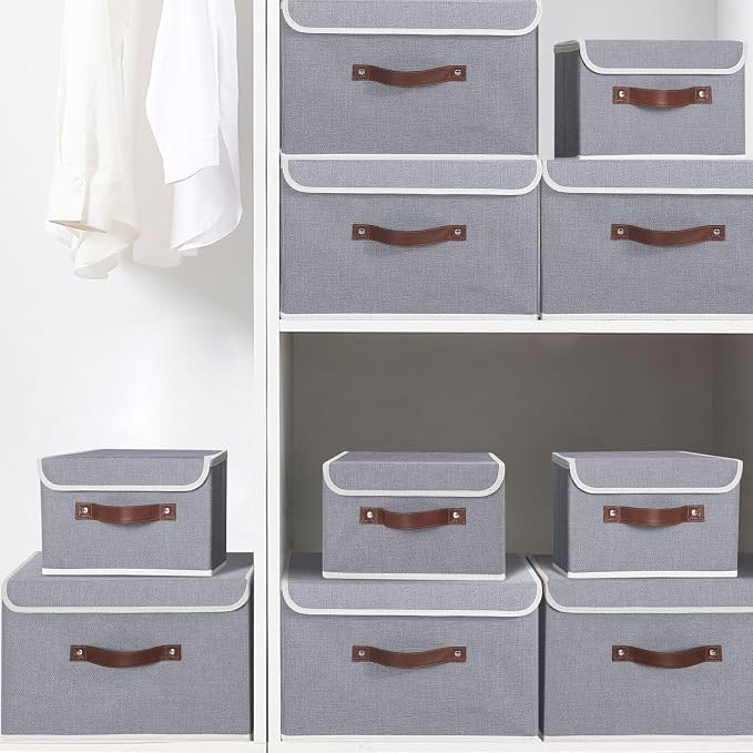 ANMINY 4PCS Storage Bin with Lid Storage Boxes with PU Leather Handles PP Plastic Board Decorative Foldable Lidded Cotton Linen Fabric Home Cubes Baskets Closet Organizer Container - Gray, Medium