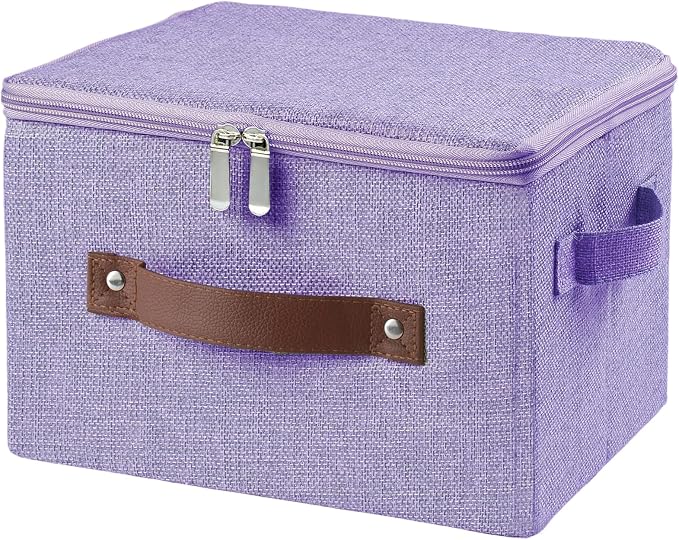 Storage Bins with Zipper Lid Foldable Fabric Lidded Storage Boxes Baskets Cubes Washable Collapsible PU Leather Handle Cotton Linen Shelves Closet Organizer Container(Purple, Small Size)