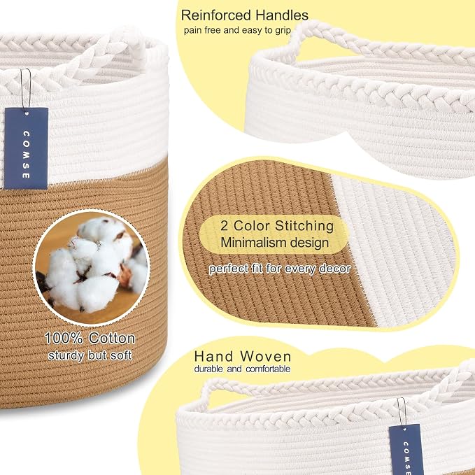 COMSE Extra Large Blanket Basket, Woven Laundry Basket, 21.7”x 13.8”, Nursery Hamper, Cotton Rope Laundry Hamper Living Room for Storage Toys Clothes Towels(White & Camel)