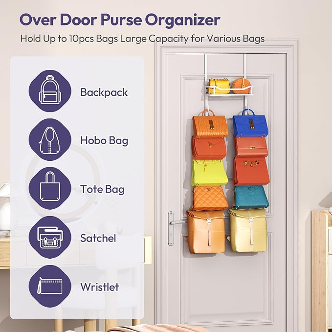 SWTYMIKI Over The Door Purse Organizer - Wall Mounted Purse Rack with 10 Hooks and Metal Basket, Handbag Hanger Organizer Holds up to 10 Bags, Bag Rack Can Use As 1/2 Part, for Door, Closet