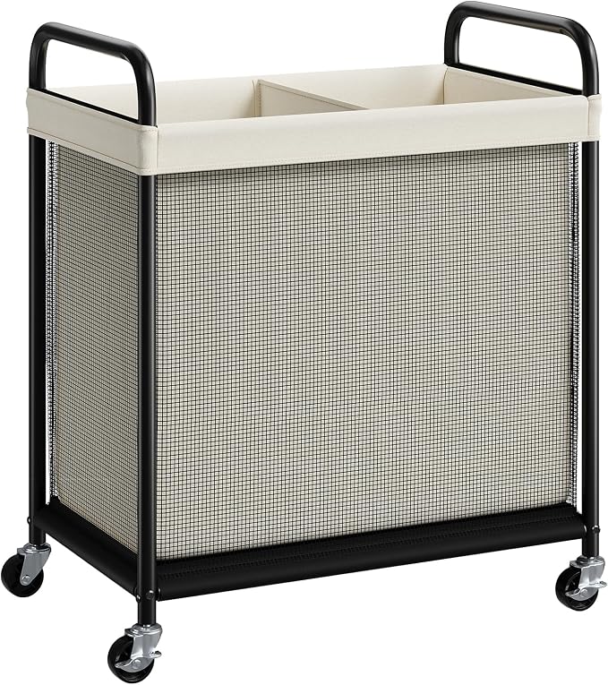 ELYKEN Laundry Hamper 2 Section, 100L Rolling Laundry Sorter with Removable Liner Bag, Laundry Basket with Wheels, Steel Frame with Metal Handle, Clothes Hamper Cart for Laundry Room & Bedroom