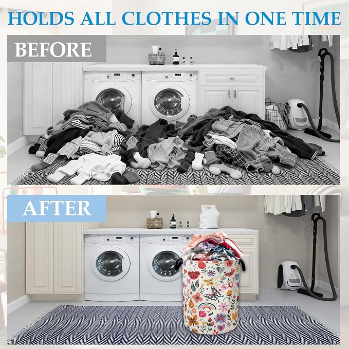 Colorful Butterfly Flowers Laundry Basket Collapsible Laundry Hamper Clothes Storage Bin for Bathroom Bedroom Room Decor 16" X 20.8"