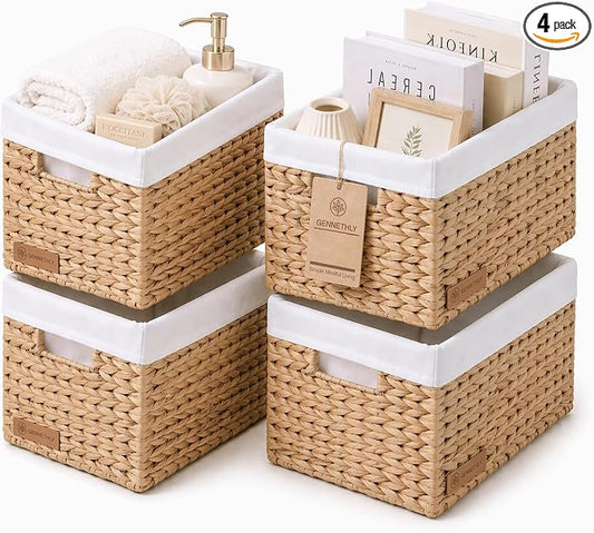 Water Hyacinth Wicker Baskets for Storage, Handwoven Rattan Shelf Basket for Organizing Pantry Closet Bedroom, 100% Natural Decorative Woven Organizer with Handles and Waterproof Canvas, 4 Pack