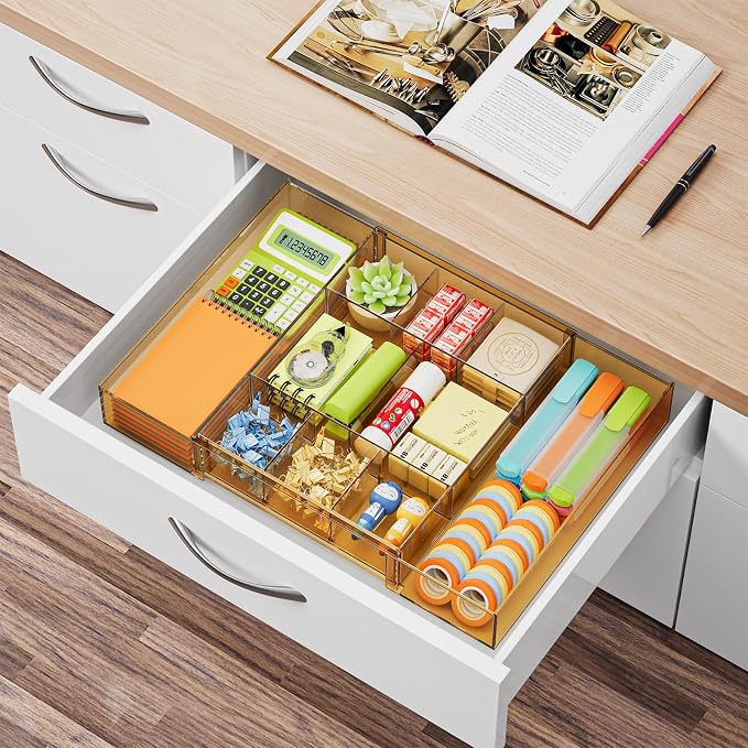 Marbrasse Expandable Desk Drawer Organizer, Clear Plastic Drawer Organizer Tray with 10 Adjustable Compartments, Desk Organizers and Accessories, 5 Drawer Dividers for Office Supplies(Clear Champagne)