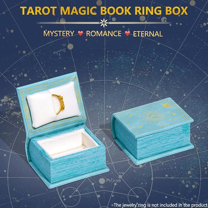 Vintage Magic Book-Shaped Ring Box Starry Sky Pattern PU Leather with Magnetic Closure for Proposal Engagement Gift (Sky Blue)